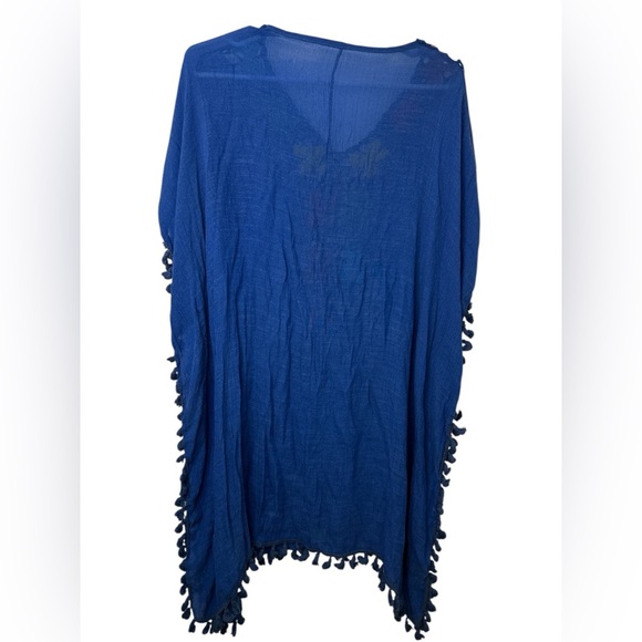 Blue Poncho Beach Coverup with Colorful Floral Accents - Picture 2 of 7